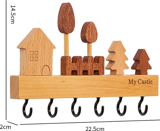 Houten Sleutelhanger – Uniek Design met 6 Metalen Haken – Compact en Decoratief-22.5x2x14.5cm