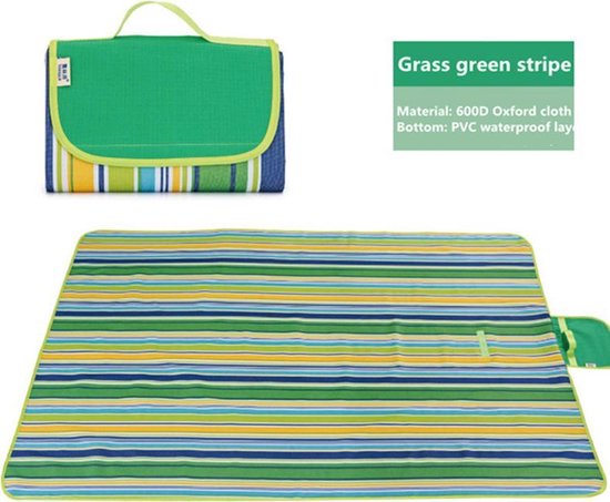 Picknickkleed / Strandkleed - 195x200 cm - voor 4 tot 6 personen - Opvouwbaar als handige tas - Zandbestendig & waterdicht & zandvrij - voor strand, park, kamperen, wandelen, familieconcerten, picknicken, etc. - grasgroen strip