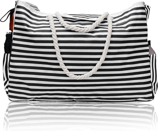 Waterbestendige strandtas 55x38x15cm met zijzakken zwart-wit