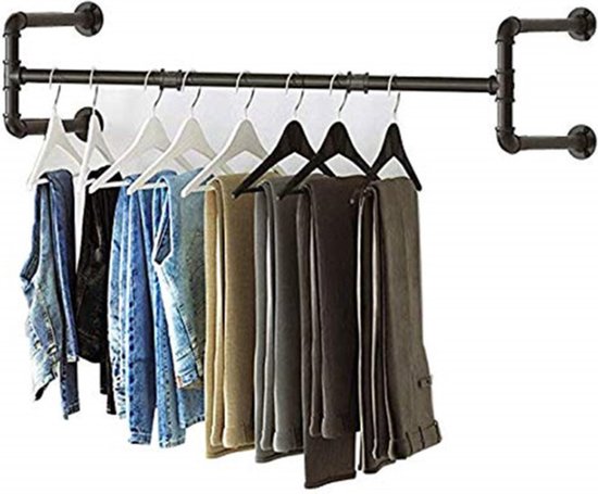 Stevige Muurbevestigde Kledingstang - Duurzame Metalen Kledingrail - Draagvermogen tot 35 kg - Perfect voor Wasruimte en Slaapkamer-80cm-matzwart