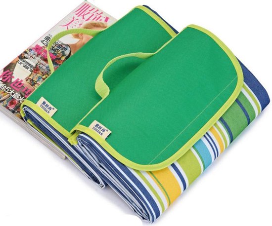 Picknickkleed / Strandkleed - 195x200 cm - voor 4 tot 6 personen - Opvouwbaar als handige tas - Zandbestendig & waterdicht & zandvrij - voor strand, park, kamperen, wandelen, familieconcerten, picknicken, etc. - grasgroen strip