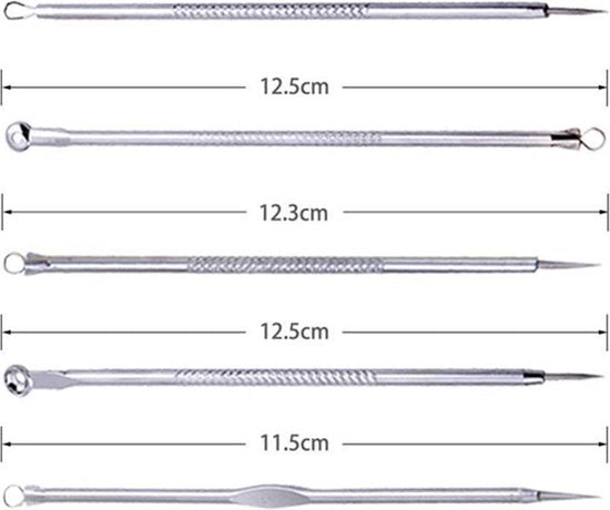 Roestvrijstalen comedonenverwijderingsset met tweekoppige klem en antislip handgreep - 9 stuks