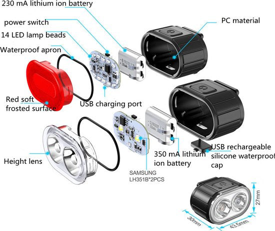 Xtraworks- Waterdichte USB oplaadbare Fietsverlichting-IPX4 waterdicht-voor en achter-zwart