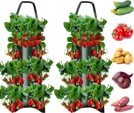 2 stuks Hangende Aardbeienzakjes Groen - Ruimtebesparend en Duurzaam - 10 Poorten
