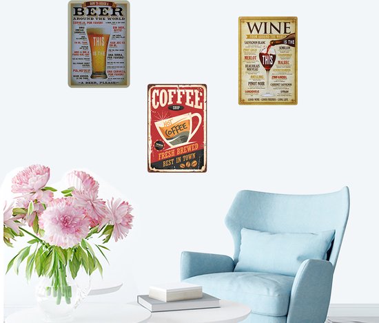 3-delige Vintage Wandbordenset - Bier, Koffie, Wijn