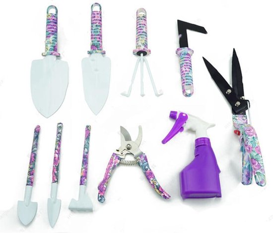 10-Delige Tuingereedschap set met Paarse Bloemenprint en Ergonomisch Handvat