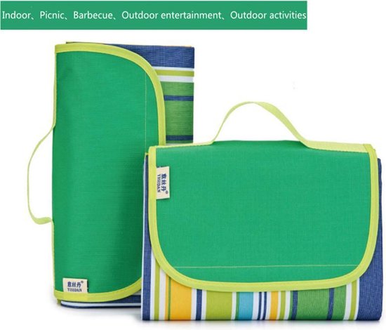 Picknickkleed / Strandkleed - 195x200 cm - voor 4 tot 6 personen - Opvouwbaar als handige tas - Zandbestendig & waterdicht & zandvrij - voor strand, park, kamperen, wandelen, familieconcerten, picknicken, etc. - grasgroen strip