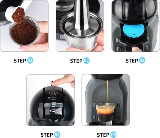 4 delige Herbruikbare RVS Dolce Gusto Capsule Set met Tamper, Maatschep en Reinigingsborstel - Duurzaam, Milieuvriendelijk en Kostenbesparend