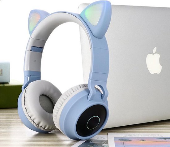 TDR- Draadloze Bluetooth koptelefoon - Over-Ear Koptelefoon voor Kinderen - Met Led Kat Oortjes - Bekend van TikTok - Grijsblauw
