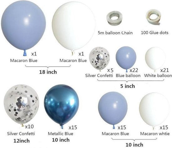 107 delig Ballonnenboog  - Blauwtinten voor verjaardag, jubileum, feestelijke opening, baby shower