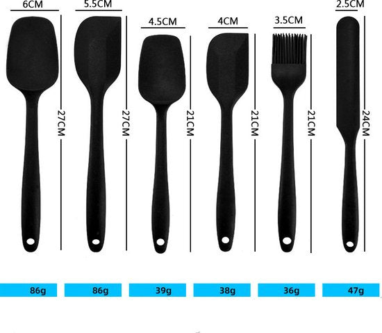 6 stuks Silliconen Spatel set -Pannenlikker - BPA vrij-Spatel voor de keuken-zwart