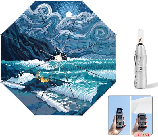 Opvouwbaar paraplu - Zonbescherming Anti-Uv UPF50 + -Windproof- Stevig paraplu - Automatisch -Van Gogh Ster zee print -zilver