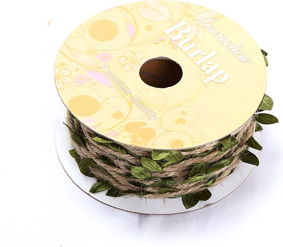 4 Rollen Jute Touw met Prachtig Bladeren Patroon- Kerstlint - Cadeaulint - Decoratielint-10meter lang -Olijfgroen