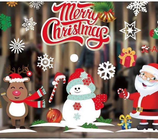 Kerst Raamstickers met Kerstman ,sneeuwvlokken en cadeautjes