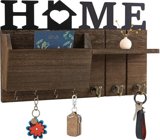 Grote Stijlvolle Wandgemonteerde Sleutelhouder met 'HOME' Design - Functionaliteit en Esthetiek in Eén-38*7.5*17cm-donkerbruin