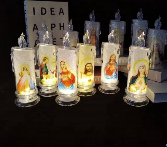 4-delige LED-Kaarsenset met Heilige Afbeeldingen –Elektronische kaars op batterij- Kerstdecoratie 6,5 x 18cm