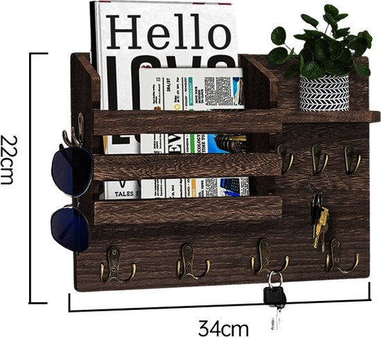 Multifunctionele Houten Wandorganizer met 13 Haken -Sleutelrek met plank- Sleutelkast-Compact en Landelijk -34 x 22 cm -bruin