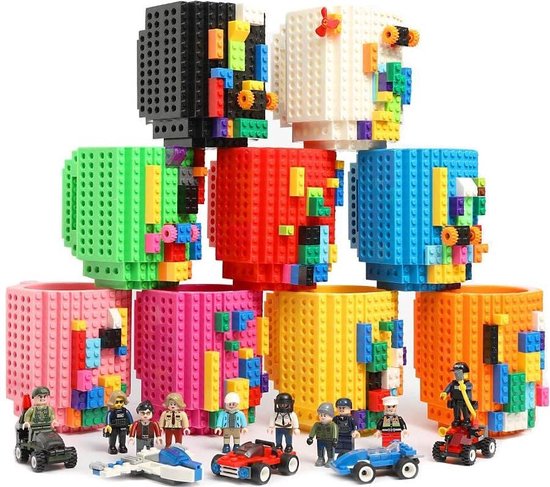 Build on Brick Mug - licht blauw - 350 ml - bouw je eigen mok met bouwsteentjes - BPA vrije drinkbeker cadeau voor kinderen of volwassenen - koffie thee limonade of andere dranken - pennenbeker - creatief accessoire voor op bureau -HnD