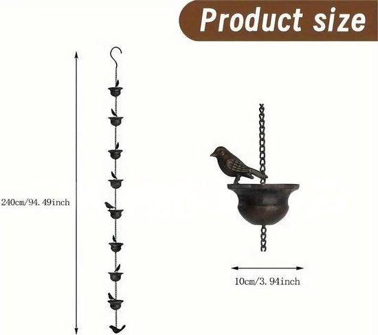 Vogel Regenketting – 240 cm – Bronzen Tuindecoratie