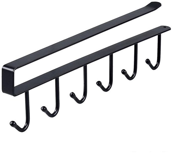 Keukenhaak onder plank, 6 haken - set van 4, zwart 26cm