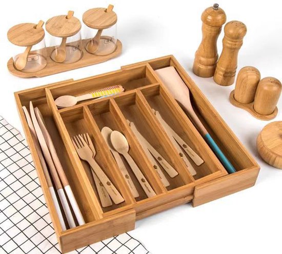 Ruimtebesparende Bamboe Bestekbak - Uitschuifbaar van 5 naar 7 Vakken voor een Georganiseerde Keukenlade - Stijlvolle Keukenorganizer48*37,5*5cm