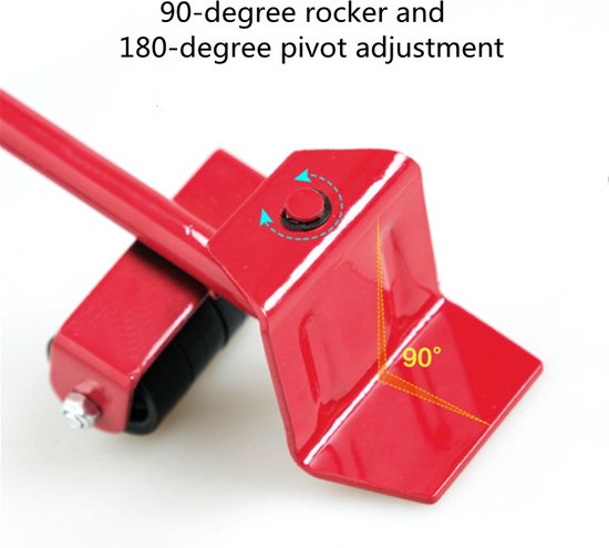 Meubelroller - 4 stuks - met meubelheffer / krik - 5 delig - Max 150kg - Rood