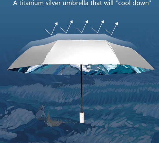 Opvouwbaar paraplu - Zonbescherming Anti-Uv UPF50 + -Windproof- Stevig paraplu - Automatisch -Van Gogh Ster zee print -zilver