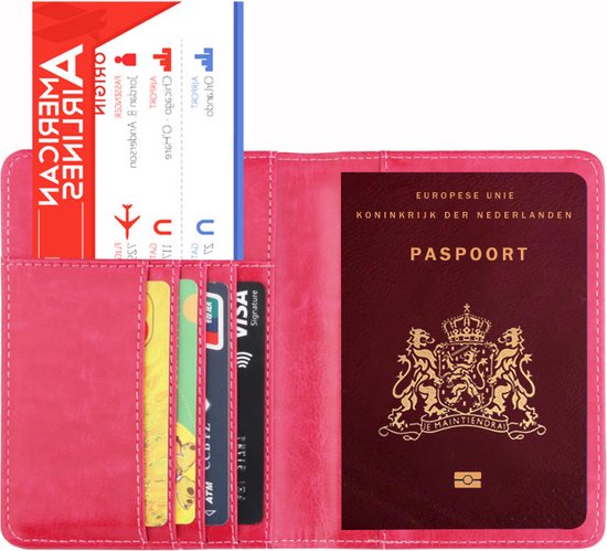 TDR - Luxe kunstleder paspoort en pasjes houder - met RFID-blokkeringstechnologie - met Nederlands voorgedrukt motief - Roze