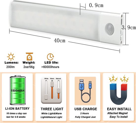 Kastverlichting met bewegingssensor - Driekleurige verlichting - USB oplader -40CM