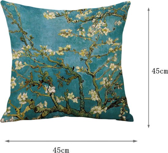 Kussensloop – Thema: van Gogh Amandelbloesem -Premium Katoen-Linnen, Kleurvast & Slijtvast, met Handige Rits -45x45cm