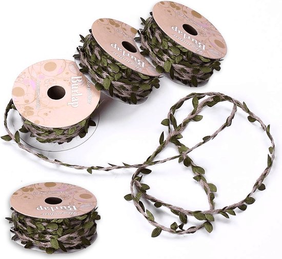 4 Rollen Jute Touw met Prachtig Bladeren Patroon- Kerstlint - Cadeaulint - Decoratielint-10meter lang -Olijfgroen
