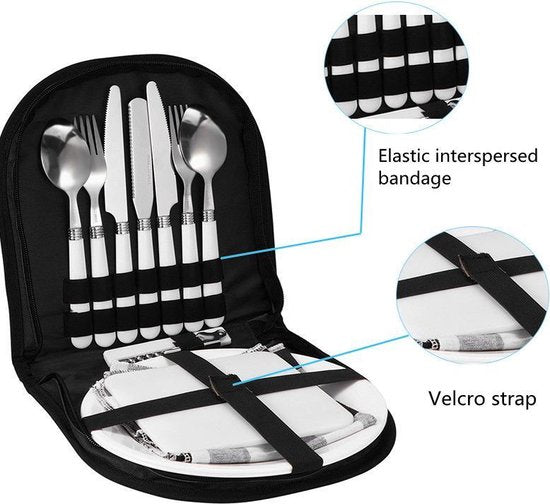 TDR- Picknick set - kamperen set - camping servies - voor 2 personen ( 2x mes, vork en lepel, 2 borden, kurkentrekker, placemat, snijplank)