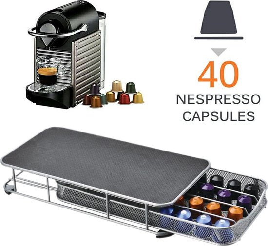 TDR - Capsule Houder met Lade - Geschikt voor Nespresso en compatible Capsules - Espresso Koffie Cups Houder - 40 Capsules - RVS - Zwart