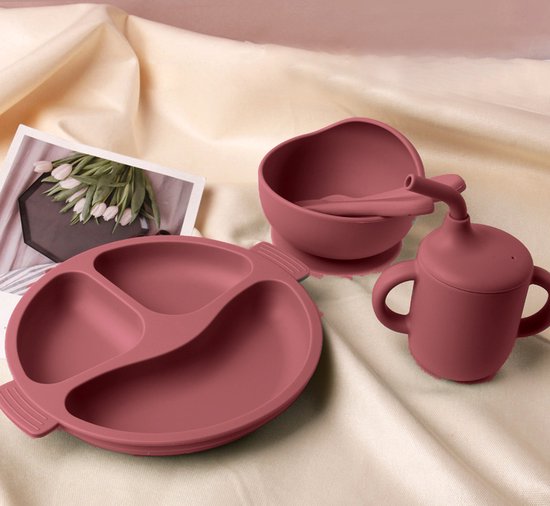 8 delig Complete Baby Eetserviesset voor Baby's van 3 Maanden en Ouder-bordeaux rood