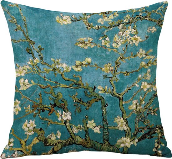 Kussensloop – Thema: van Gogh Amandelbloesem -Premium Katoen-Linnen, Kleurvast & Slijtvast, met Handige Rits -45x45cm