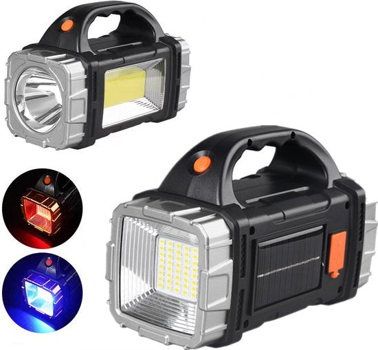 Merkloos LED Zaklamp Rood/Blauw, 1500mAh, 100m, Solar/USB
