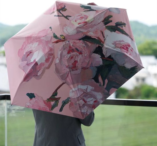 Opvouwbare Paraplu met Pioenrozen Schilderij - Zonbescherming Anti-UV UPF50+ - Windproof - Compact en Draagbaar - Lichtgewicht - Duurzaam Ø102cm