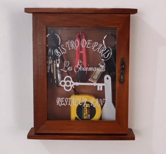 Massief Houten Sleutelkastje - 21 x 25,5 x 6 cm – Wandmontage – Vintage Bistro Design