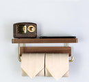 Luxe Zelfklevende Toiletrolhouder met telefoonplankje- Hout & Messing - Geen Boren Nodig-28x10x10cm-donkerbruin
