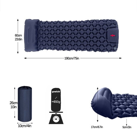 Opblaasbaar slaapmatje kussen+pomp 190×60×5 cm marineblauw