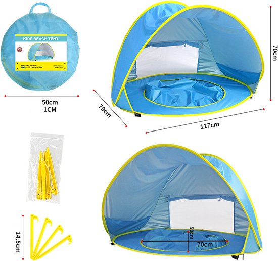 Baby strandtent met zwembad - UV 50+ bescherming - polyester - blauw
