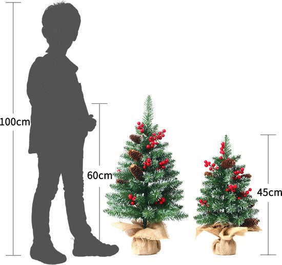 Luxe Mini Kerstboom – Met 1.5 meter Warme LED Verlichting, Dennenappels en Rode Bessen – Sfeervolle Kerstdecoratie-60 cm