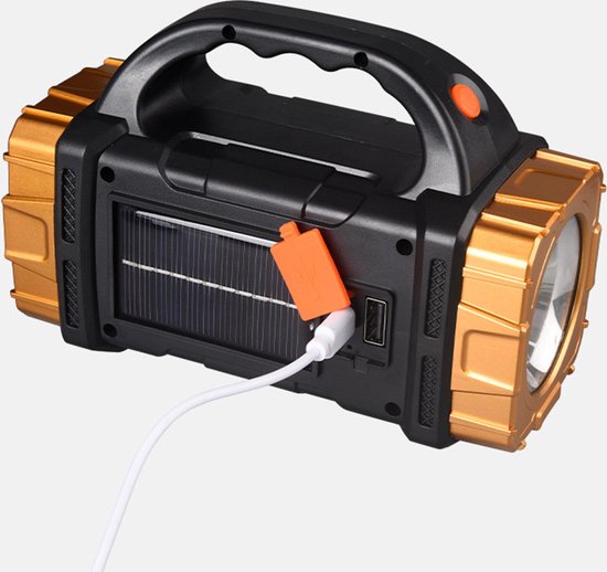 Multifunctionele LED zaklamp met Rood en Blauw Waarschuwingslicht- Perfect voor Outdoor, Kamperen, Wandelen - 1500mAh, 100m Bereik, Solar & USB Oplaadbaar-goud
