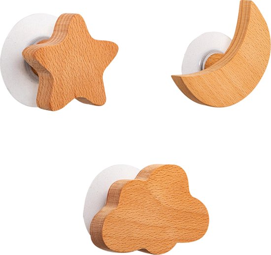 3 stuks Beukenhouten Kapstokhaken – Ster, Maan & Wolk