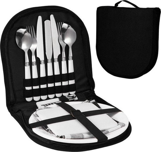 TDR- Picknick set - kamperen set - camping servies - voor 2 personen ( 2x mes, vork en lepel, 2 borden, kurkentrekker, placemat, snijplank)