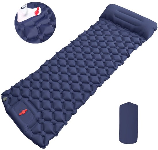 Opblaasbaar slaapmatje kussen+pomp 190×60×5 cm marineblauw