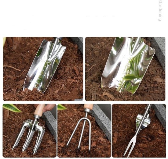 5-delige Tuingereedschap Set – RVS & Houten Handvatten – Schopje, Hark, Plantschep & Meer – Ideaal voor Elke Tuinier