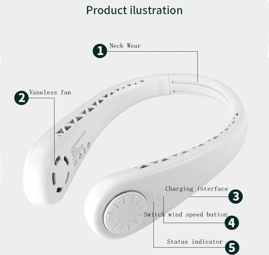 Draagbare nek ventilator - USB - Werkt tot wel 6 uur met volle batterij lading - Wit