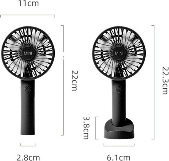 Draagbare Ventilator - oplaadbaar met USB - kan mobiel op voet plaatsen - perfect voor op op reis, buiten met warm weer - zwart