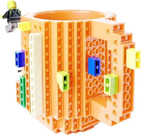 Build on Brick Mug - oranje - 350 ml - bouw je eigen mok met bouwsteentjes - BPA vrije drinkbeker cadeau voor kinderen of volwassenen - koffie thee limonade of andere dranken - pennenbeker - creatief accessoire voor op bureau